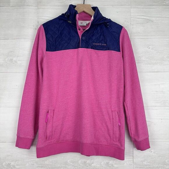 Vineyard Vines Shep Quilted Pullover Hoodie Women S Navy Pink Quarter Snap - Picture 1 of 15